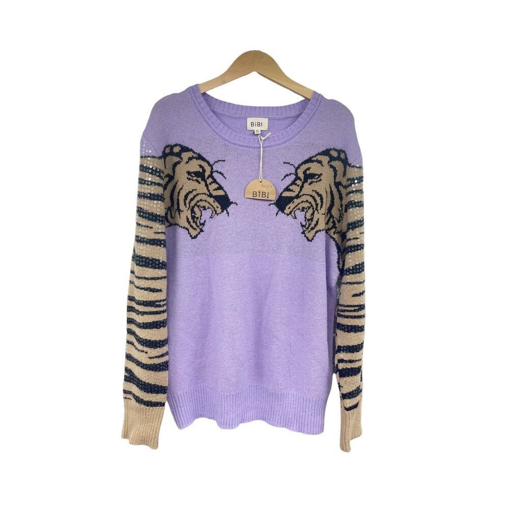 Bibi Boutique Purple Tiger Pullover Sweater Sequin Sleeve Womens XL New